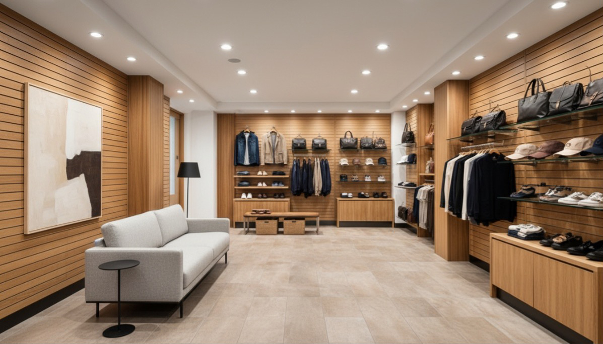 Modern clothing store interior with wooden wall panels, a gray sofa, and shelves displaying jackets, bags, shoes, and hats along the back wall and sides.